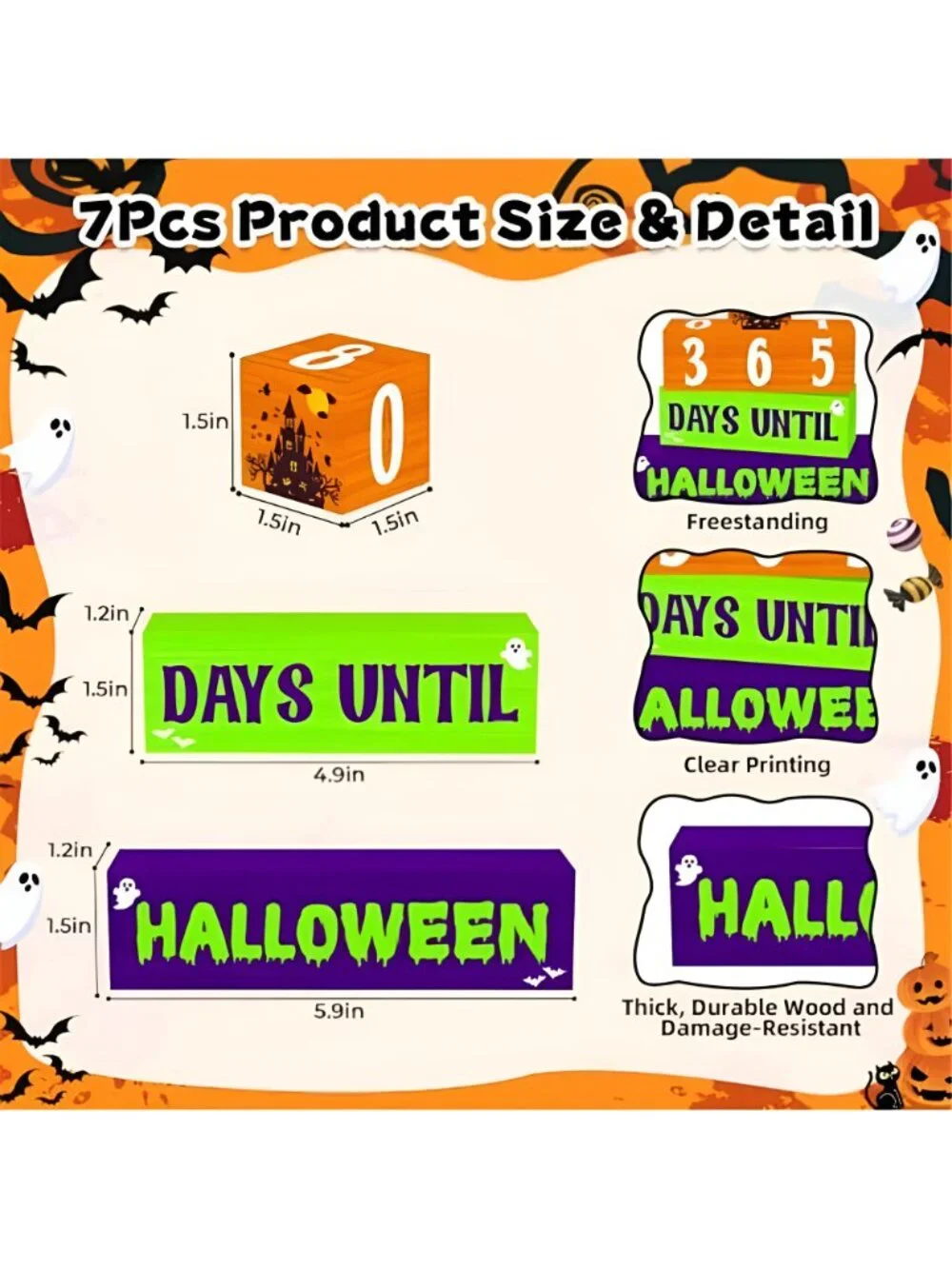7 Pcs Halloween Countdown Wooden Table Decor, Halloween Home Decorations